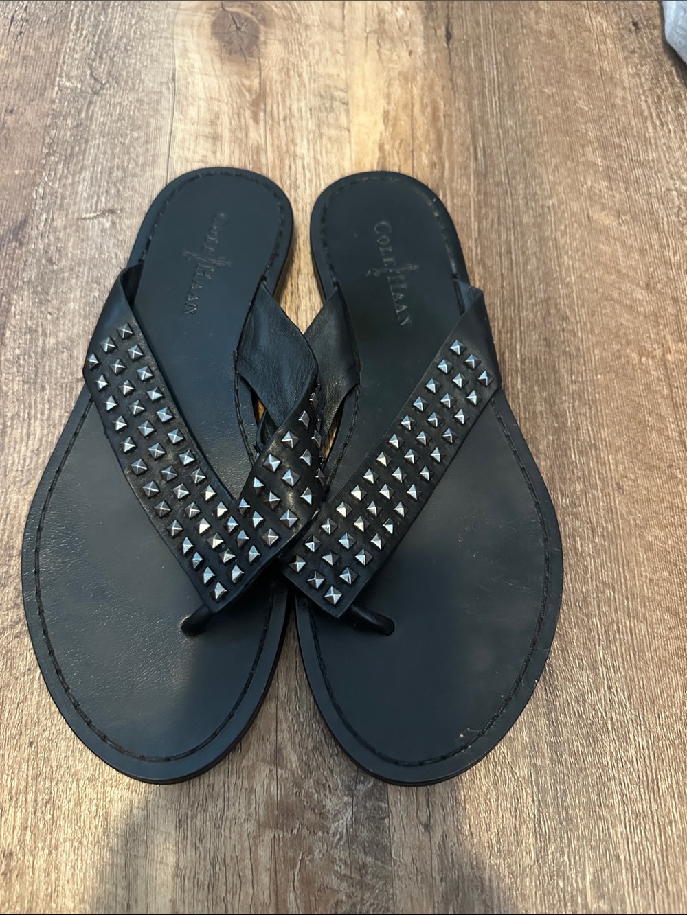 Cole Haan Black Studded Leather Thong Sandals
